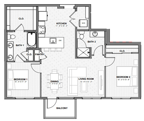 Floor plan for 2 beds, 2 baths, 966 sqft